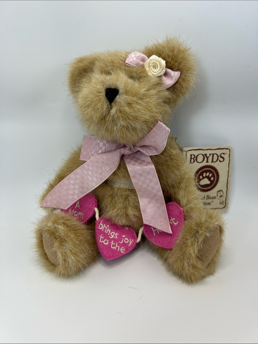 Boyds Bears Tan Plush Bear with Pink Ribbon and Pink Heart Accents